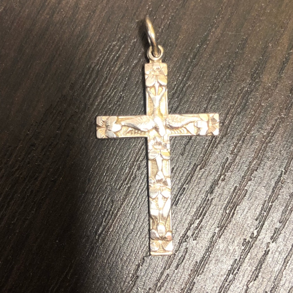 Vintage cross with birds and flowers in sterling